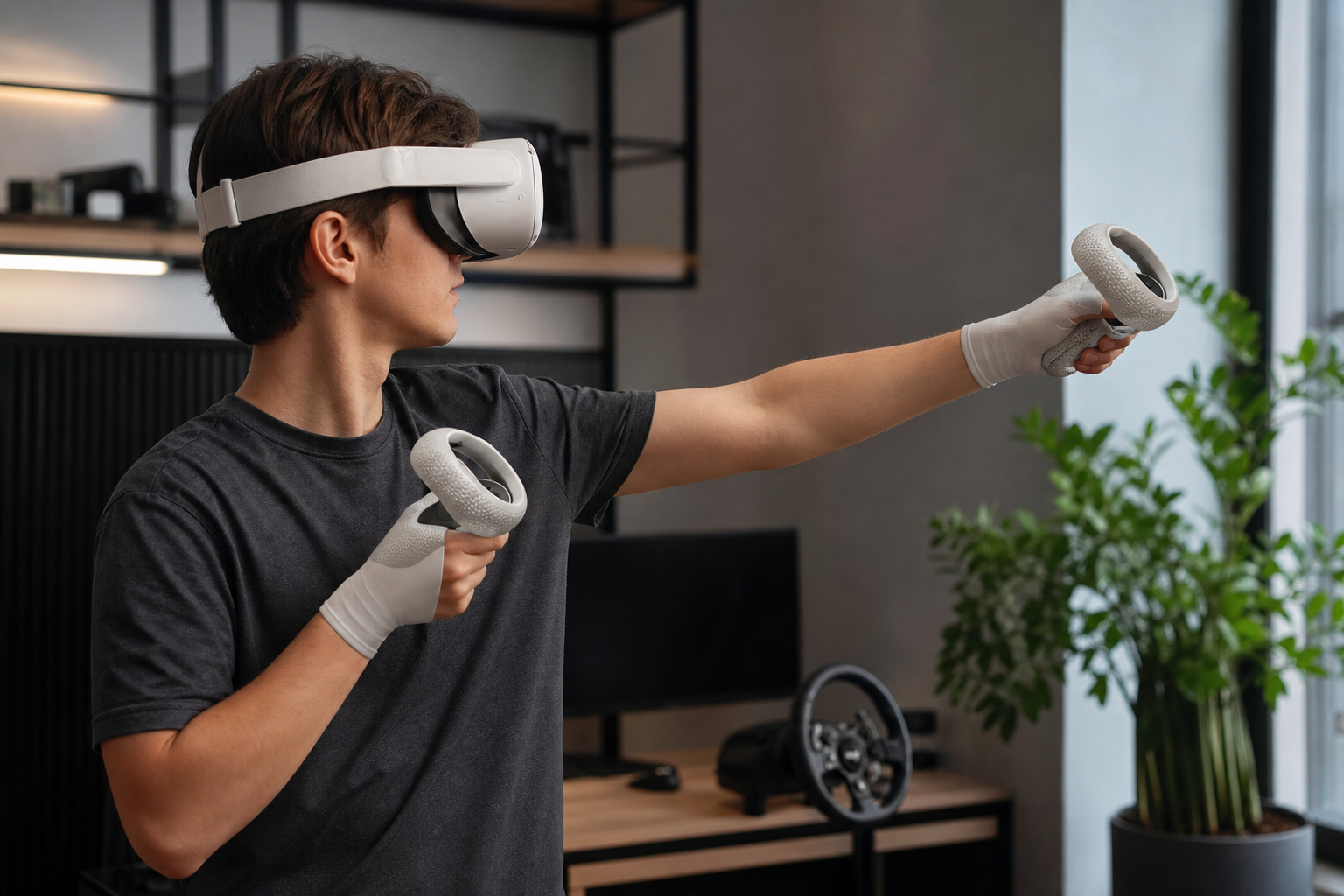 A player holding Quest Pro controllers with Long Arms for Gorilla Tag accessories attached.