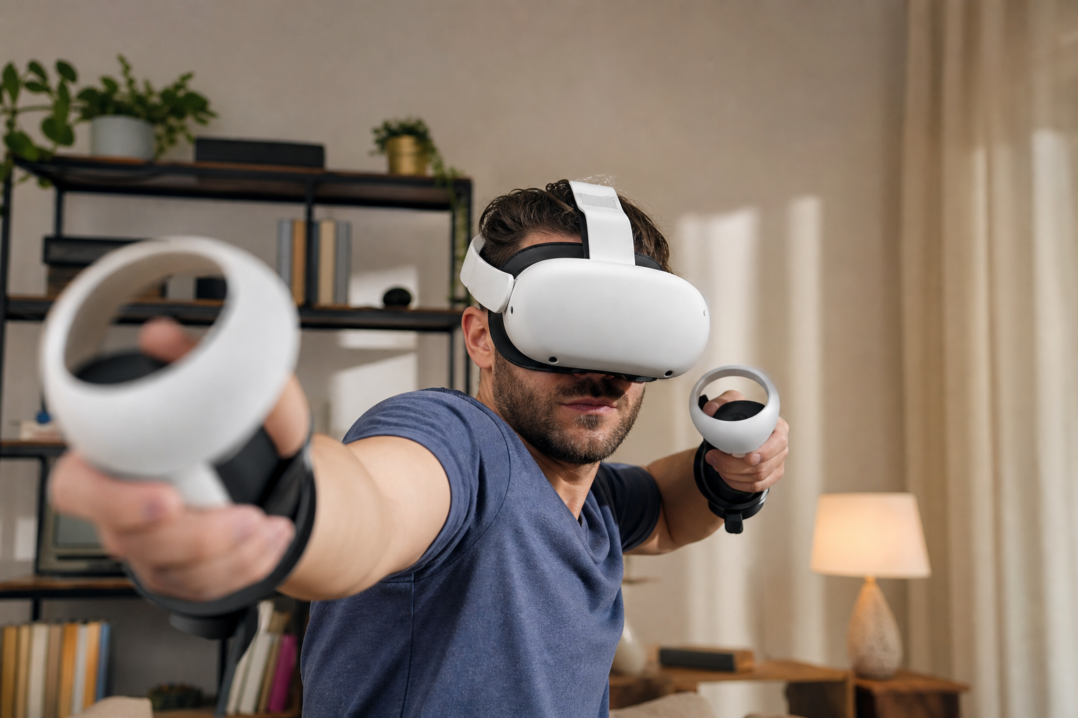 A close-up view of a hand gripping a long VR controller accessory, showing the grip position.