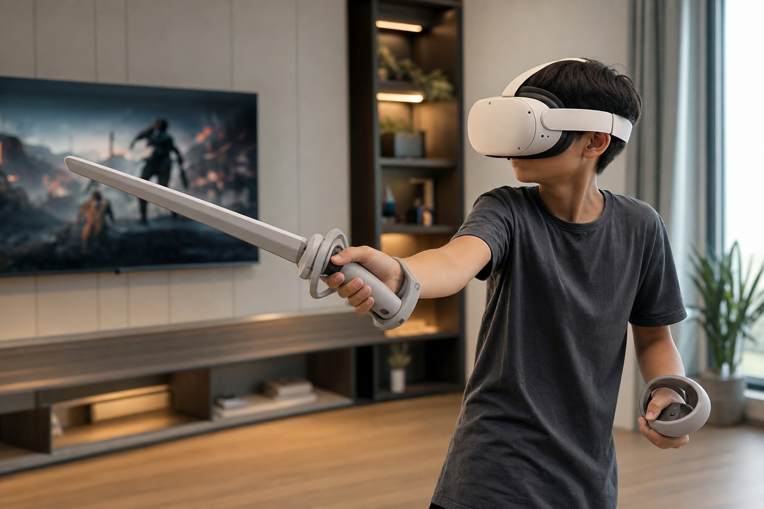 A child using a VR Sword accessory with Quest Pro controllers for a virtual reality game.