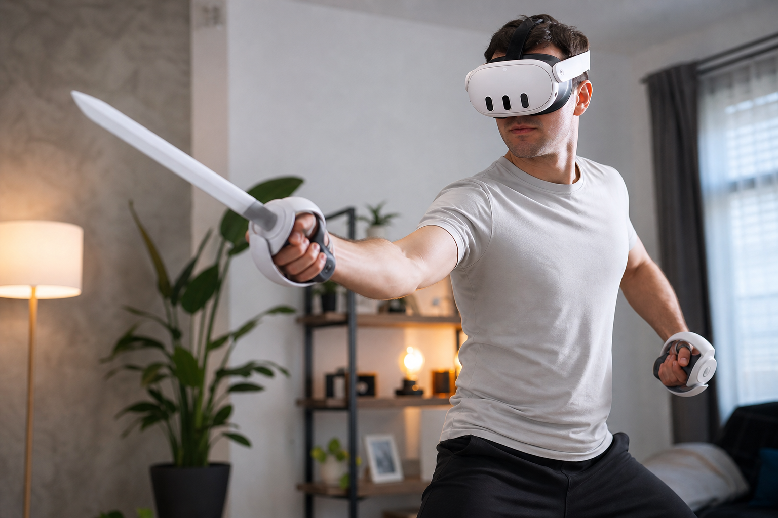 Close-up of a Quest Pro Touch Controller being inserted into the VR Sword handle, highlighting the contact points.