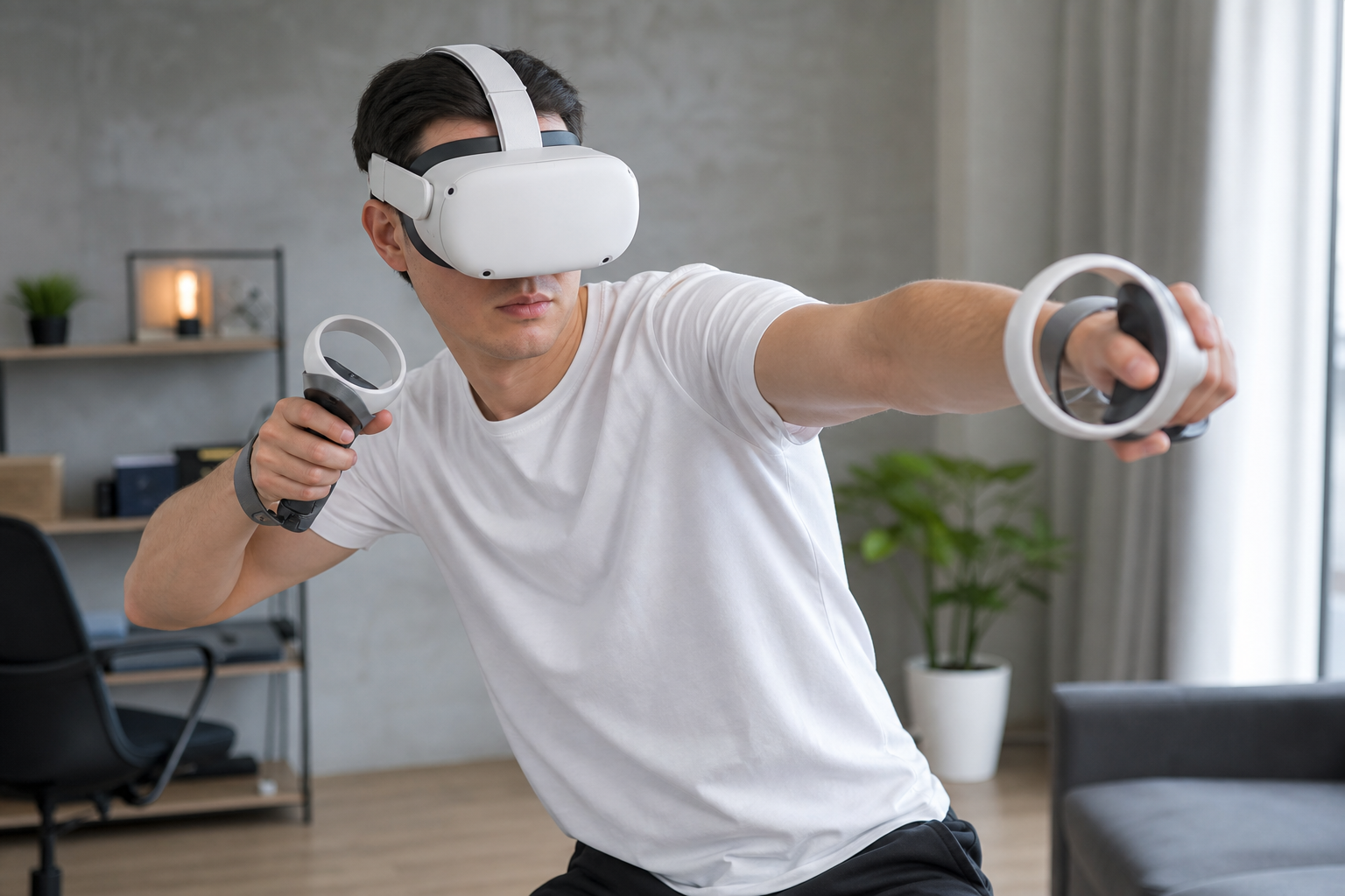 A player's hands holding the VR Sword accessory, positioned for a Beat Saber session, showing the wrist angle.