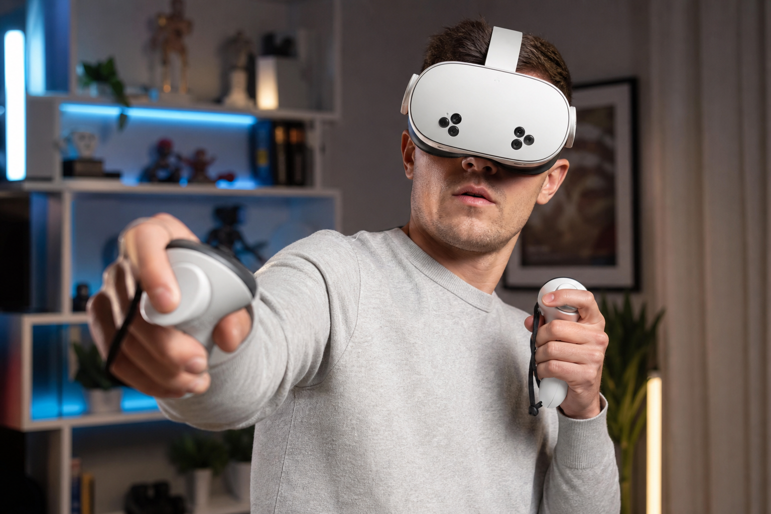 A player holding Meta Quest 3S controllers with Beat Saber grips attached