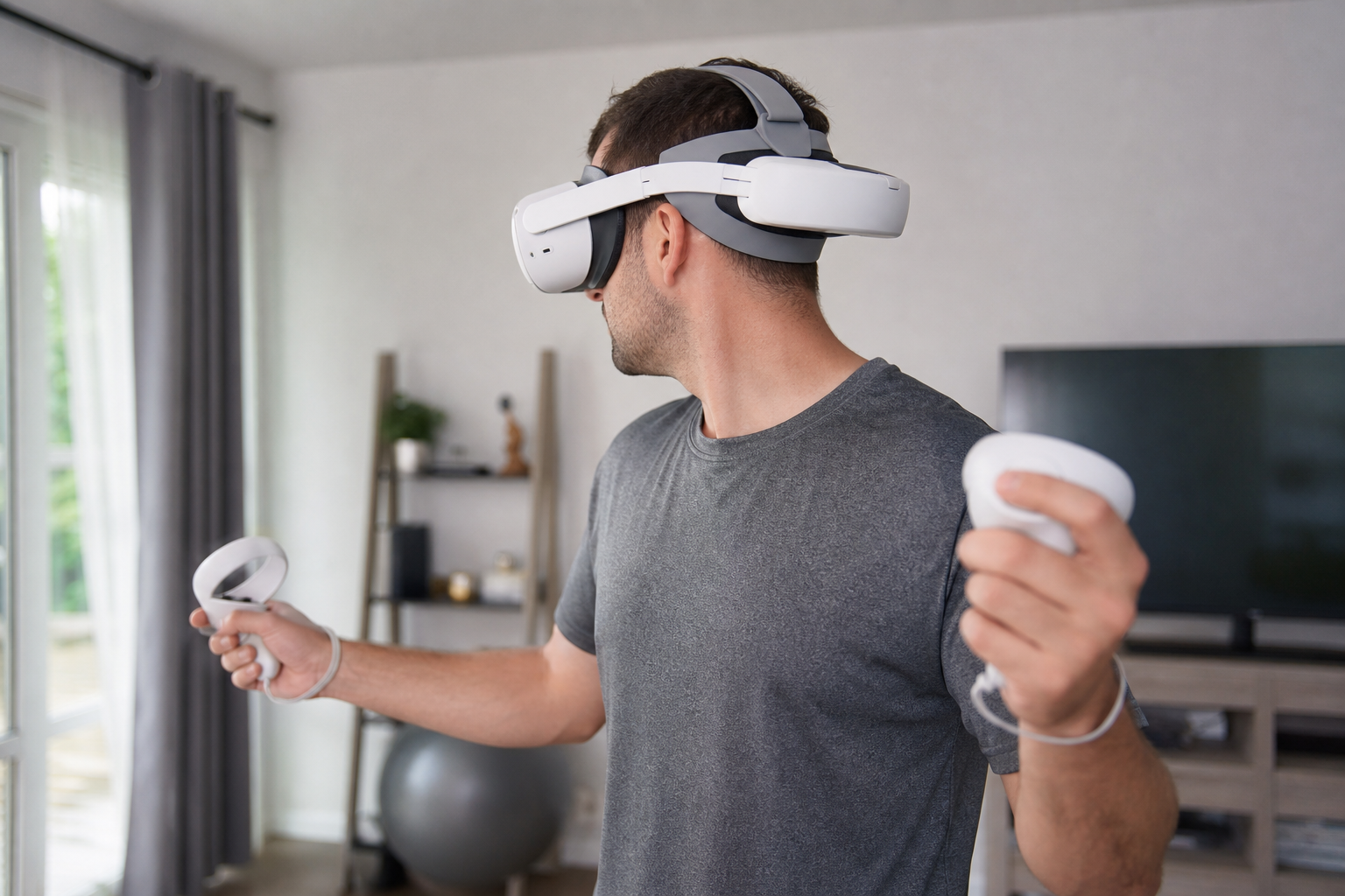 A person wiping a silicone head strap for Meta Quest 2 clean after a VR fitness session.