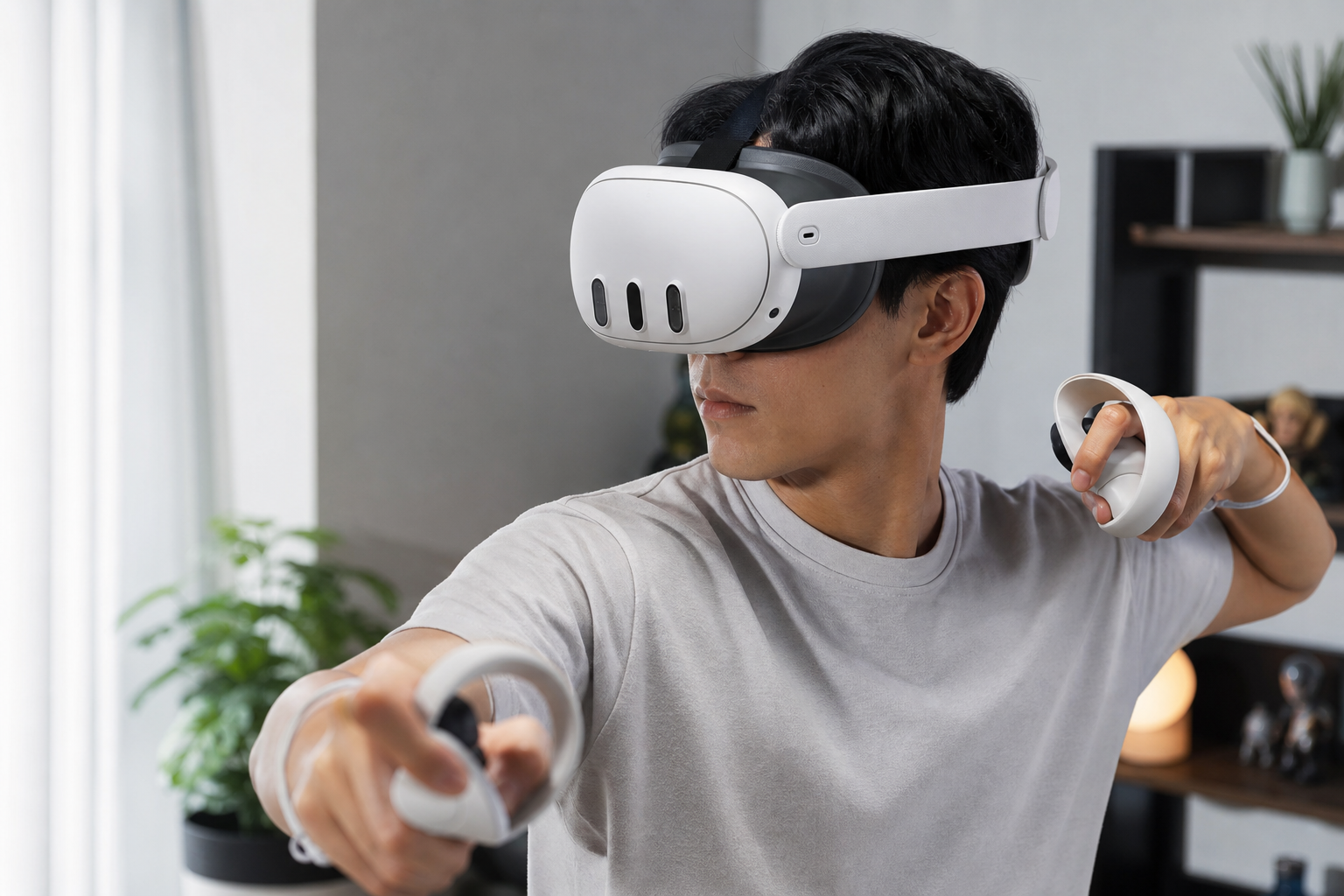 A person wearing glasses comfortably using a Meta Quest 2 with a silicone head strap.