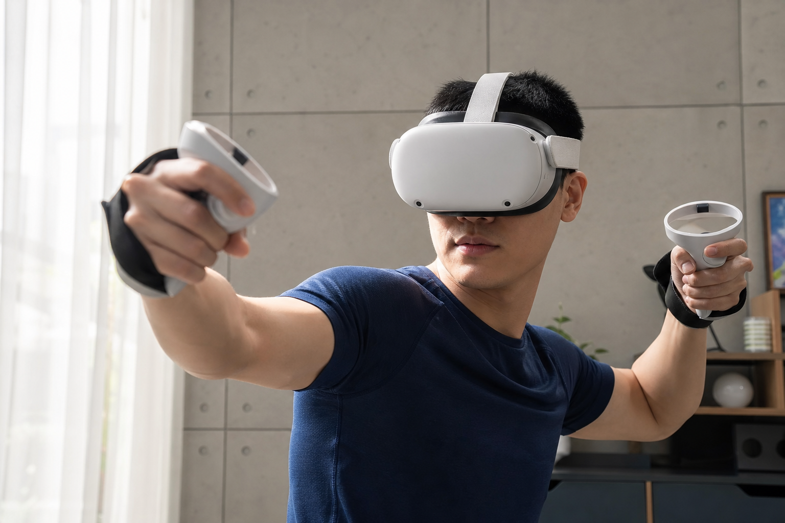 A person considering different VR accessories for sweat management, including a sweatband and a silicone strap.