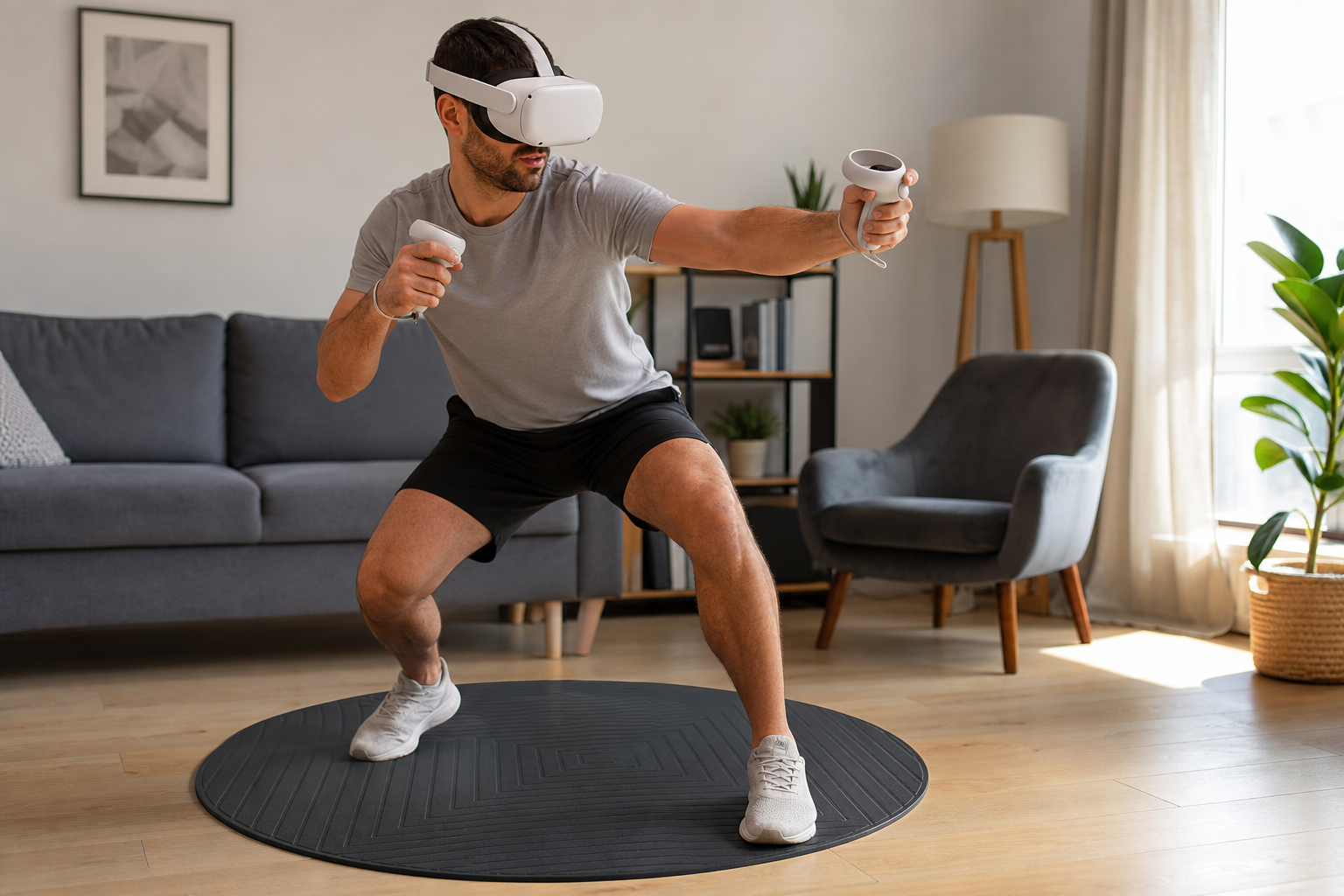 A VR mat set up in the middle of a shared living room to define a safe play area.