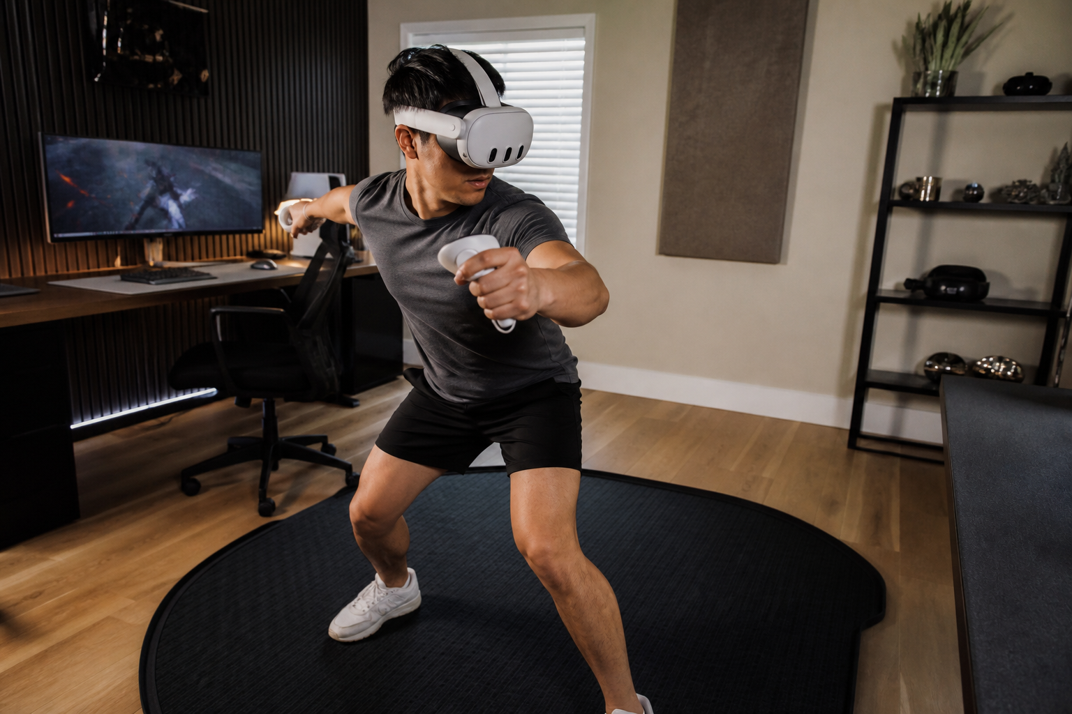 A player's foot is shown at the textured edge of a VR mat, demonstrating the tactile feedback.