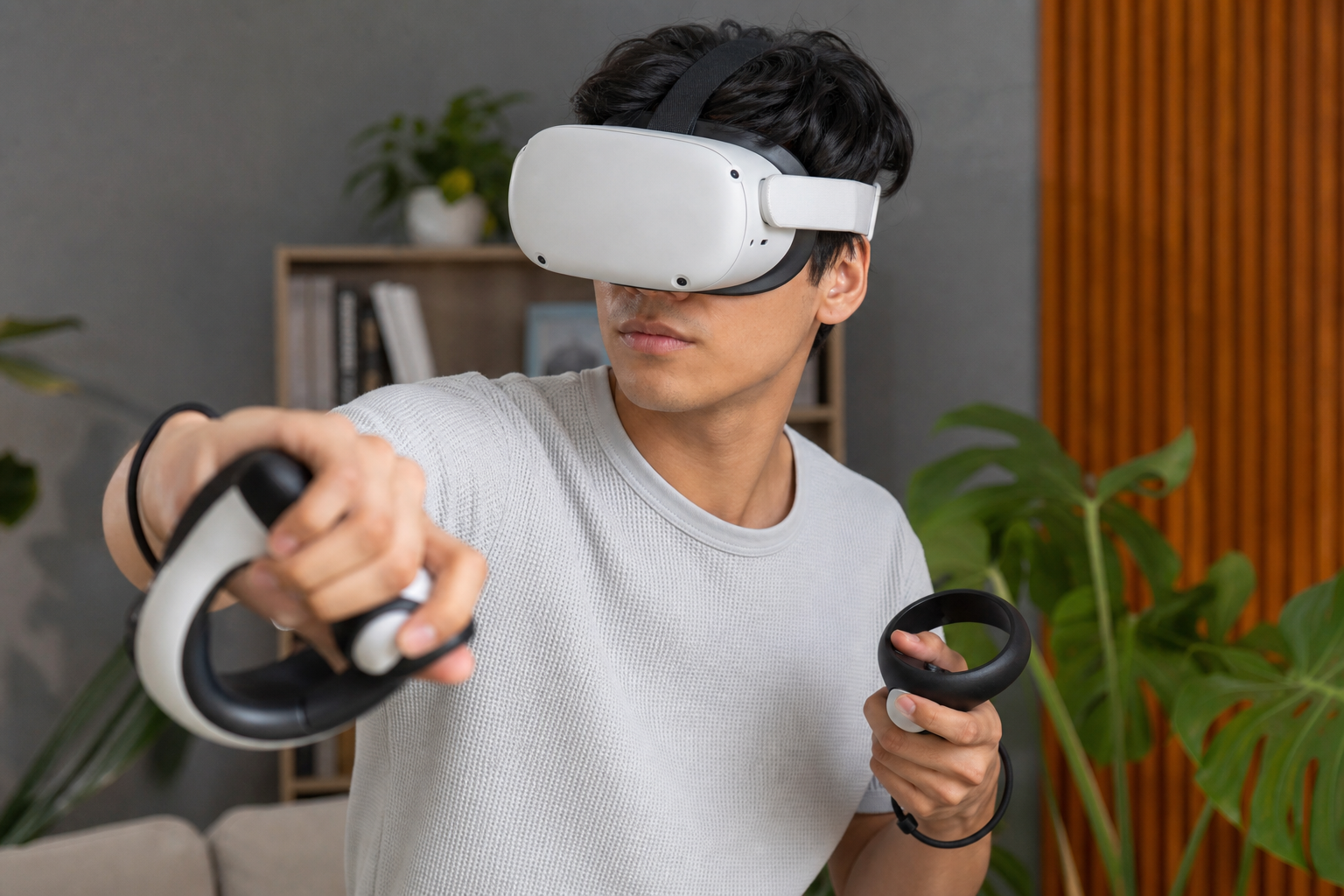 A view showing the in-headset Guardian boundary line just outside the physical VR mat on the floor.