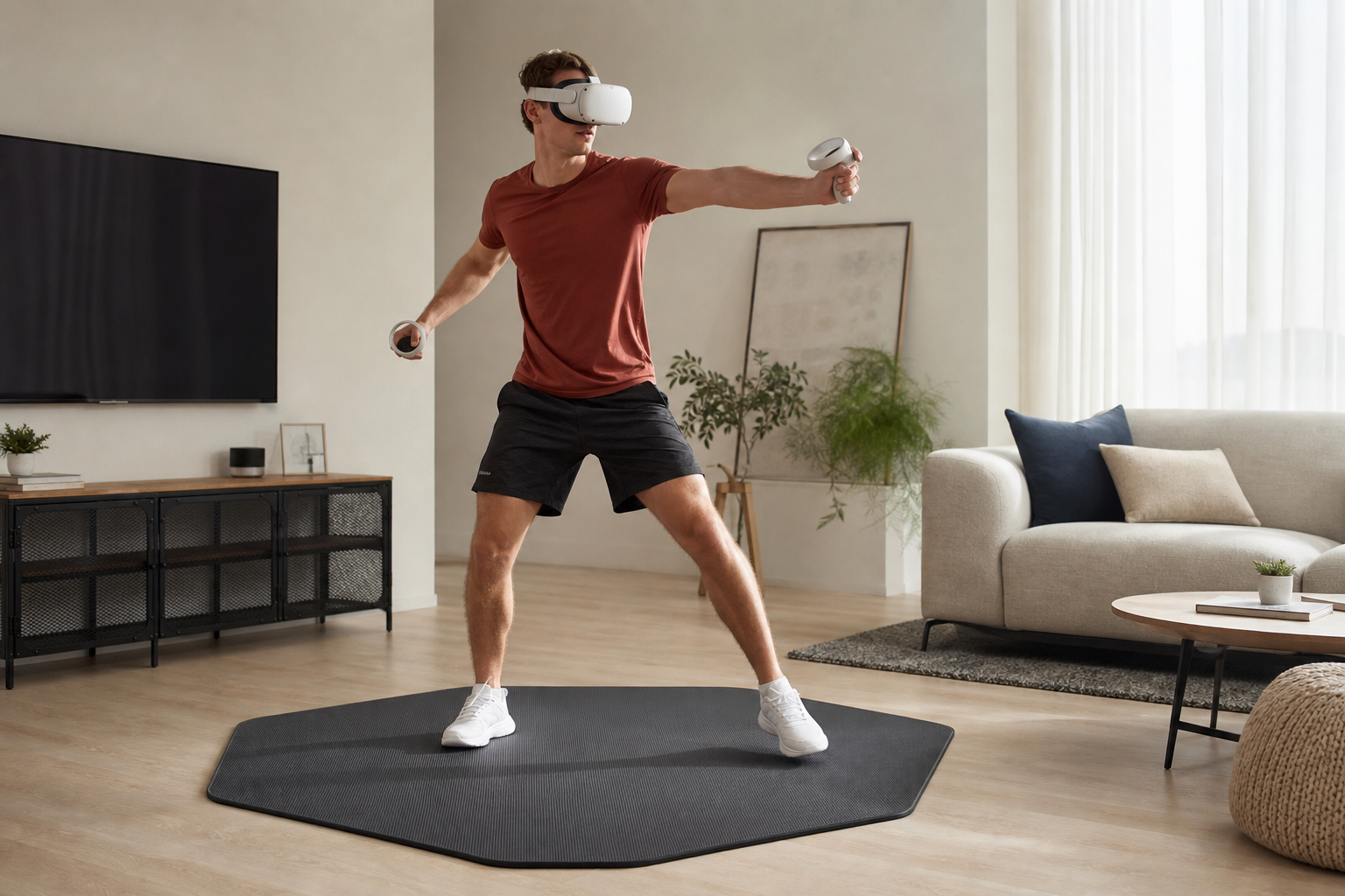 A wide view of a VR mat in a living room, showing its relationship to surrounding furniture and a nearby wall.