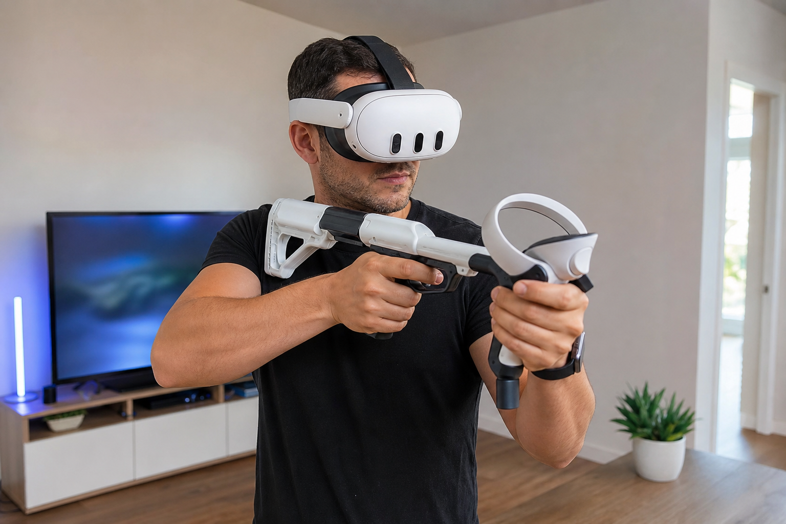 A player using a VR gunstock with a Meta Quest 3 to aim steadily in a VR shooter game.