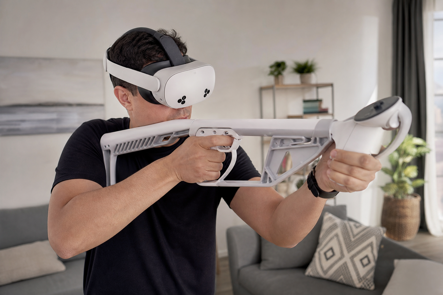 A close-up of the adjustable controller cups on a white VR gunstock.