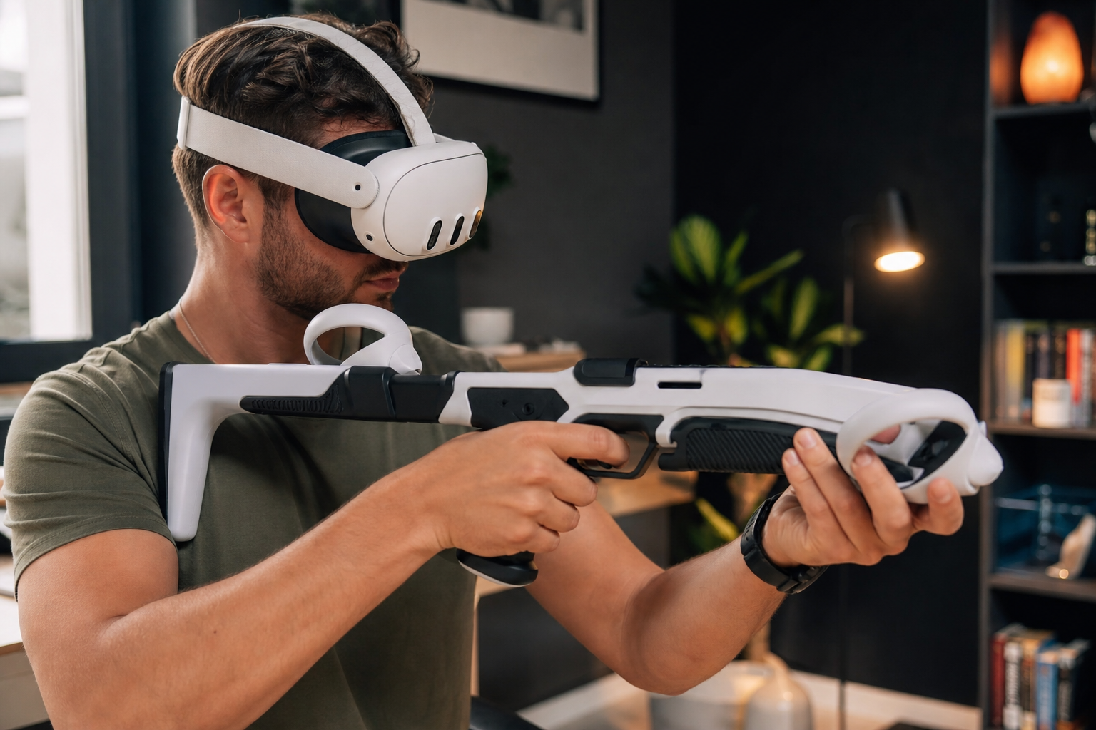Meta Quest 3 controllers fitting securely inside the custom-molded cups of an X-super Home VR gunstock.