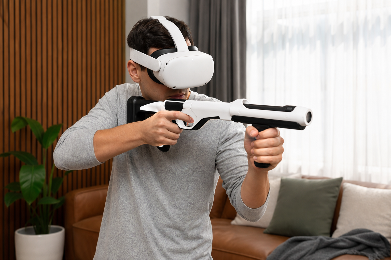 A split-screen video showing VR gameplay with a gunstock on one side and without on the other to compare stability.