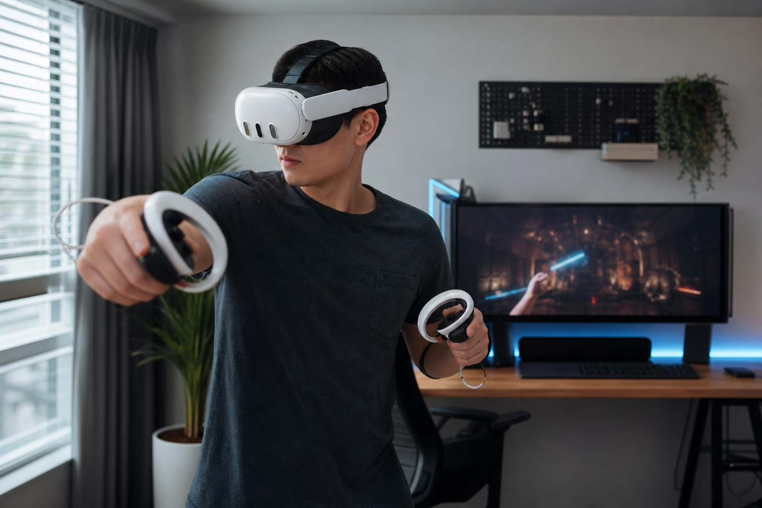A person's hand holding a Meta Quest 3 controller with a standard default grip for Beat Saber.