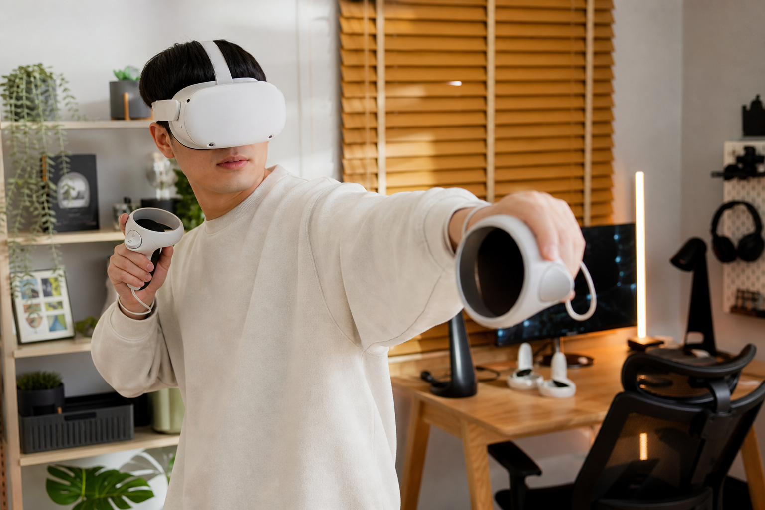 A player with a confident expression using Beat Saber Grips on Meta Quest 3 controllers.