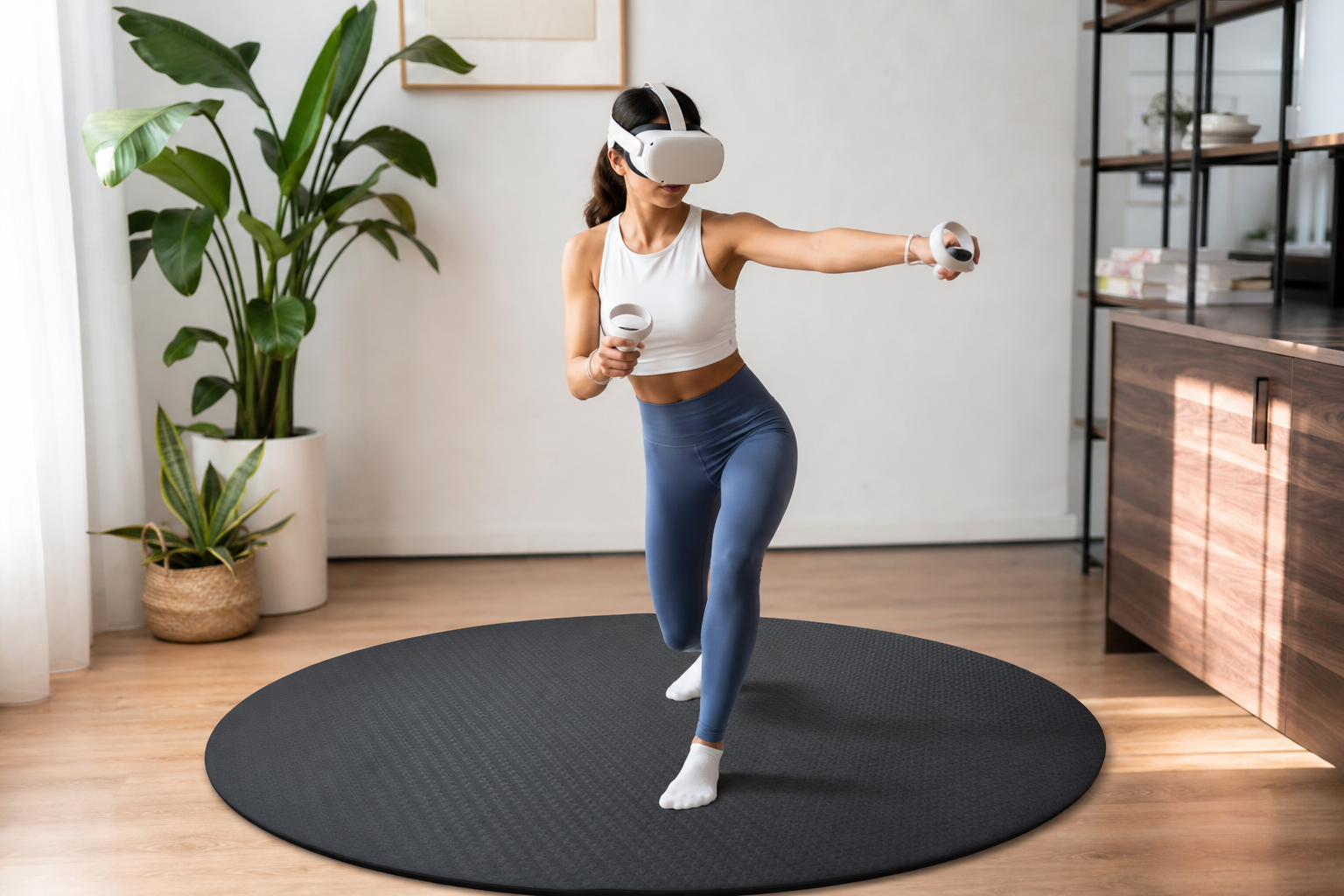 A VR mat centered in a living room playspace with a Meta Quest 3 headset nearby