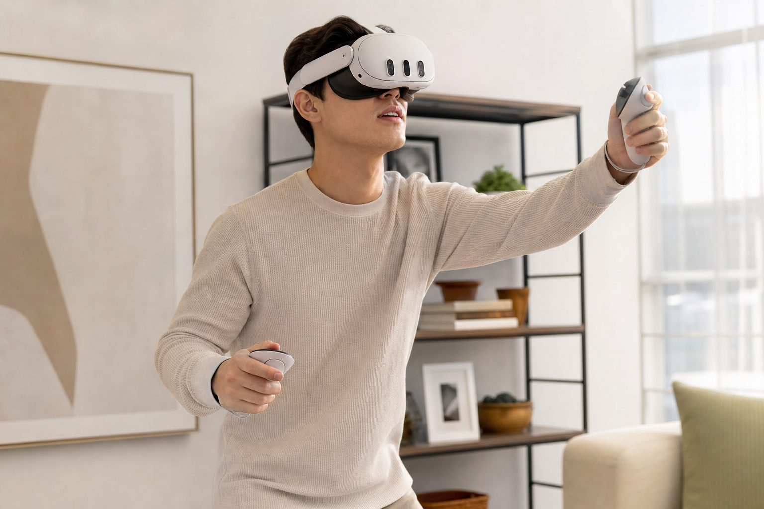A person's feet on a VR mat, with furniture visible just outside the mat's perimeter