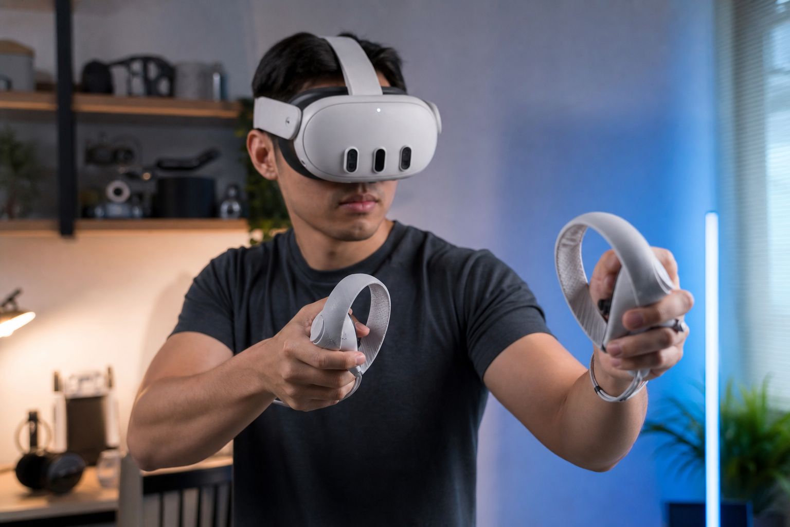 A blindfolded person trying to find the center of a VR mat with their feet