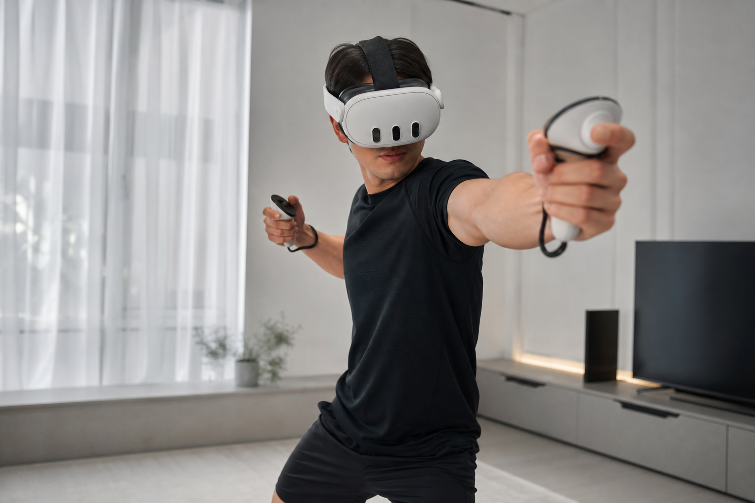 A child safely playing VR on a mat in a small living room space