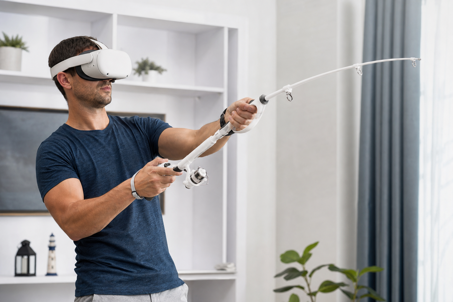A player using a VR fishing rod accessory for Real VR Fishing on Meta Quest 2 in a relaxing virtual environment.