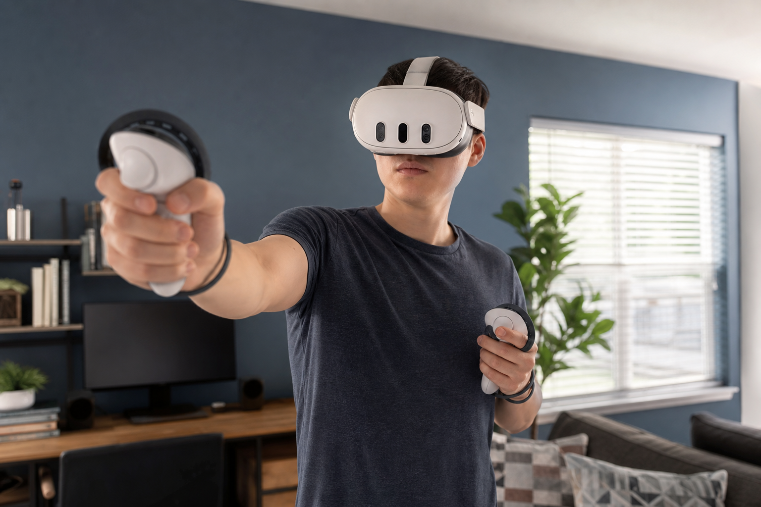 A person looking frustrated while trying to switch controllers on a VR fishing rod for a friend waiting to play.