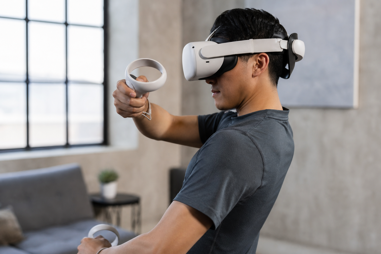 A user wearing a Meta Quest 3 with a silicone head strap, showing how it cups the back of the head.