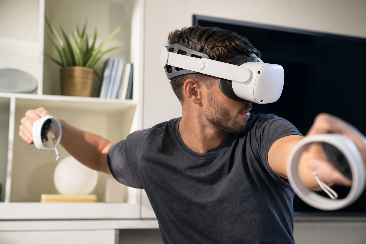 A Meta Quest headset with the X-super Home silicone head strap installed, showing the wider rear support.