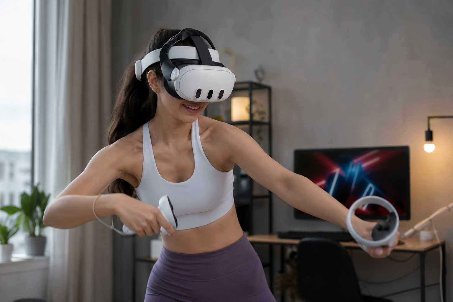 A first-person view of playing Beat Saber while wearing the Meta Quest with a silicone head strap, showing stability during motion.