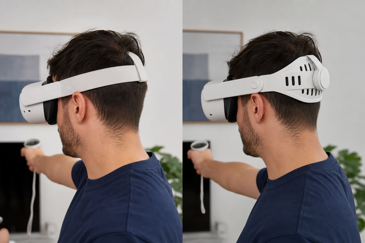 A side-by-side comparison showing the narrow stock Quest strap versus the wider, more ergonomic silicone head strap.