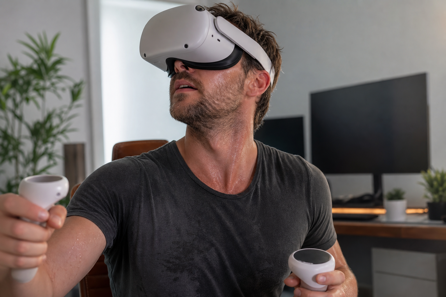 A VR sweat mask laid out next to a Meta Quest 3 headset in a small room.