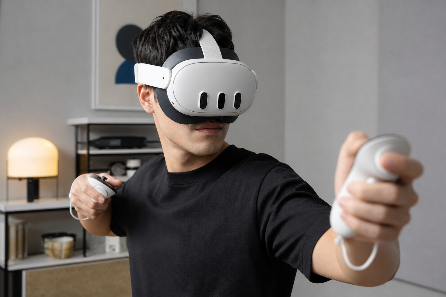 A close-up photo showing how a VR sweat mask fits under the Quest 3 facial interface.