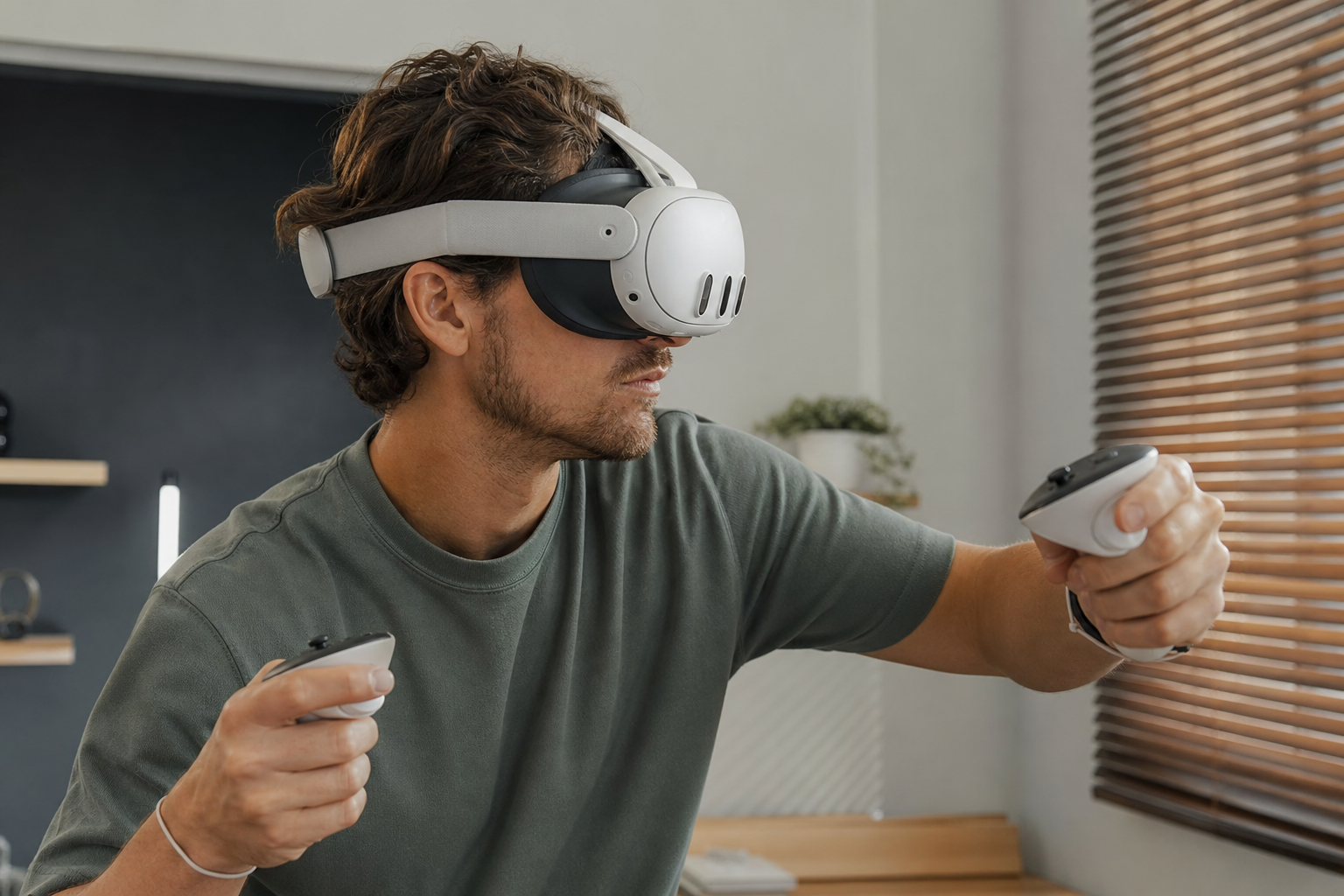A person wearing a Meta Quest 3 with a sweat mask, looking tired after a long gaming session.