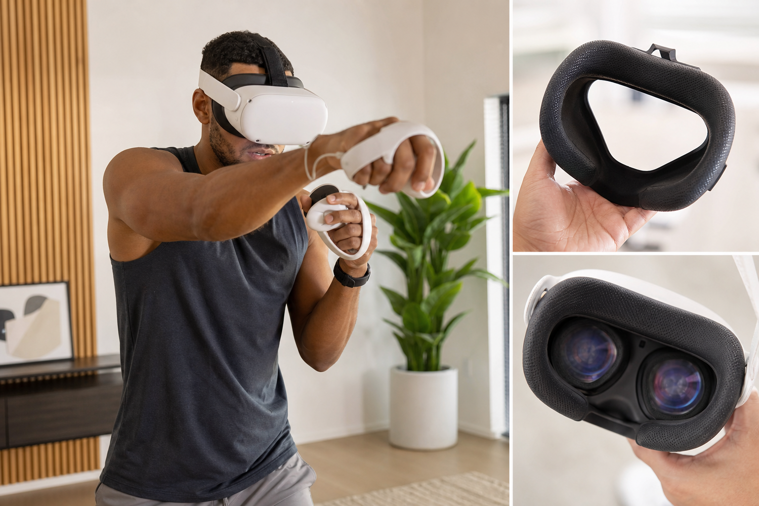 A silicone VR sweat mask placed next to a Meta Quest 3 headset before a FitXR test