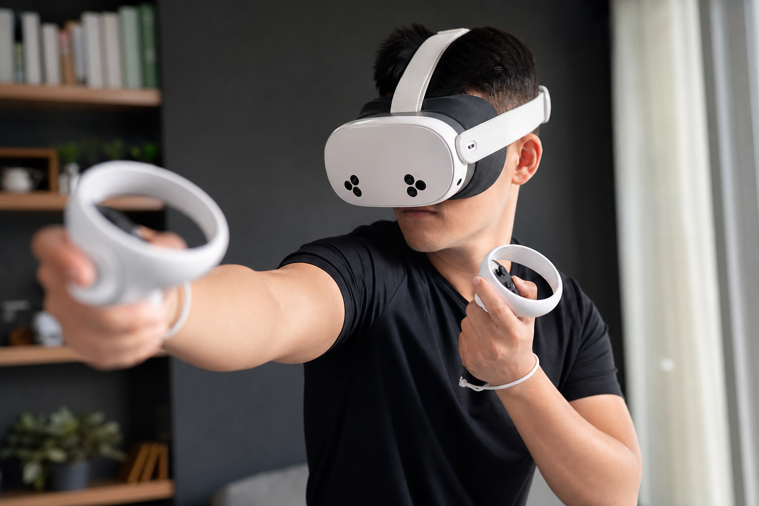 A person looking at a VR sweat mask with a thoughtful, uncertain expression after a workout
