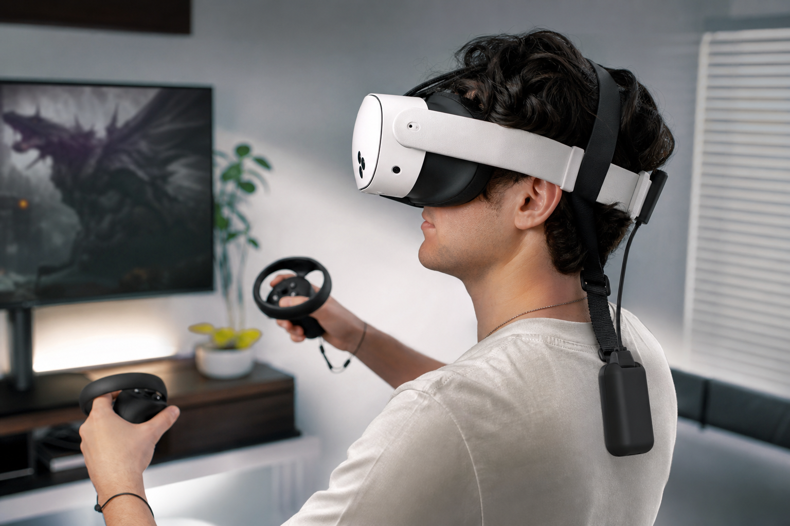 A Quest 3 headset with Quest Pro controllers and an external battery pack connected.