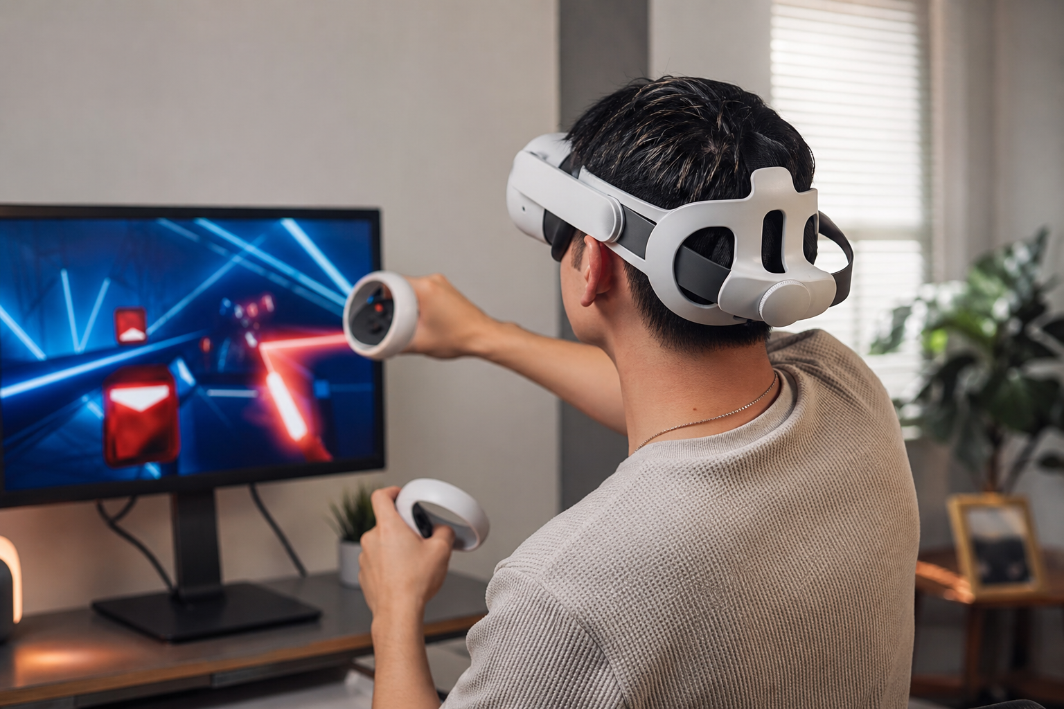 A silicone head strap installed on a Meta Quest headset, ready for a Beat Saber session.