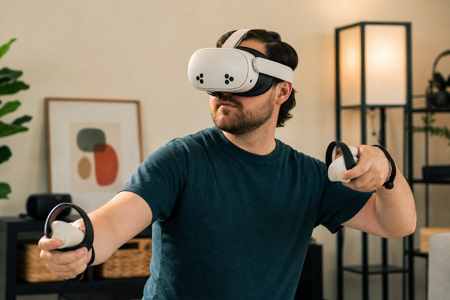A user wearing the Meta Quest with the silicone strap, tilting their head to check for a secure fit.