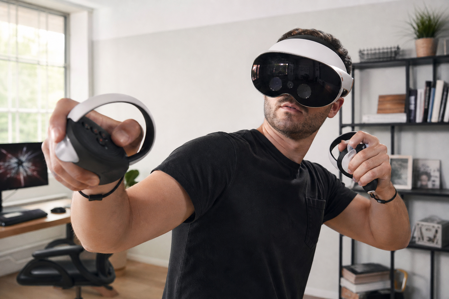 The Meta Quest headset shown slightly shifted on a user's head after a very fast Beat Saber song.