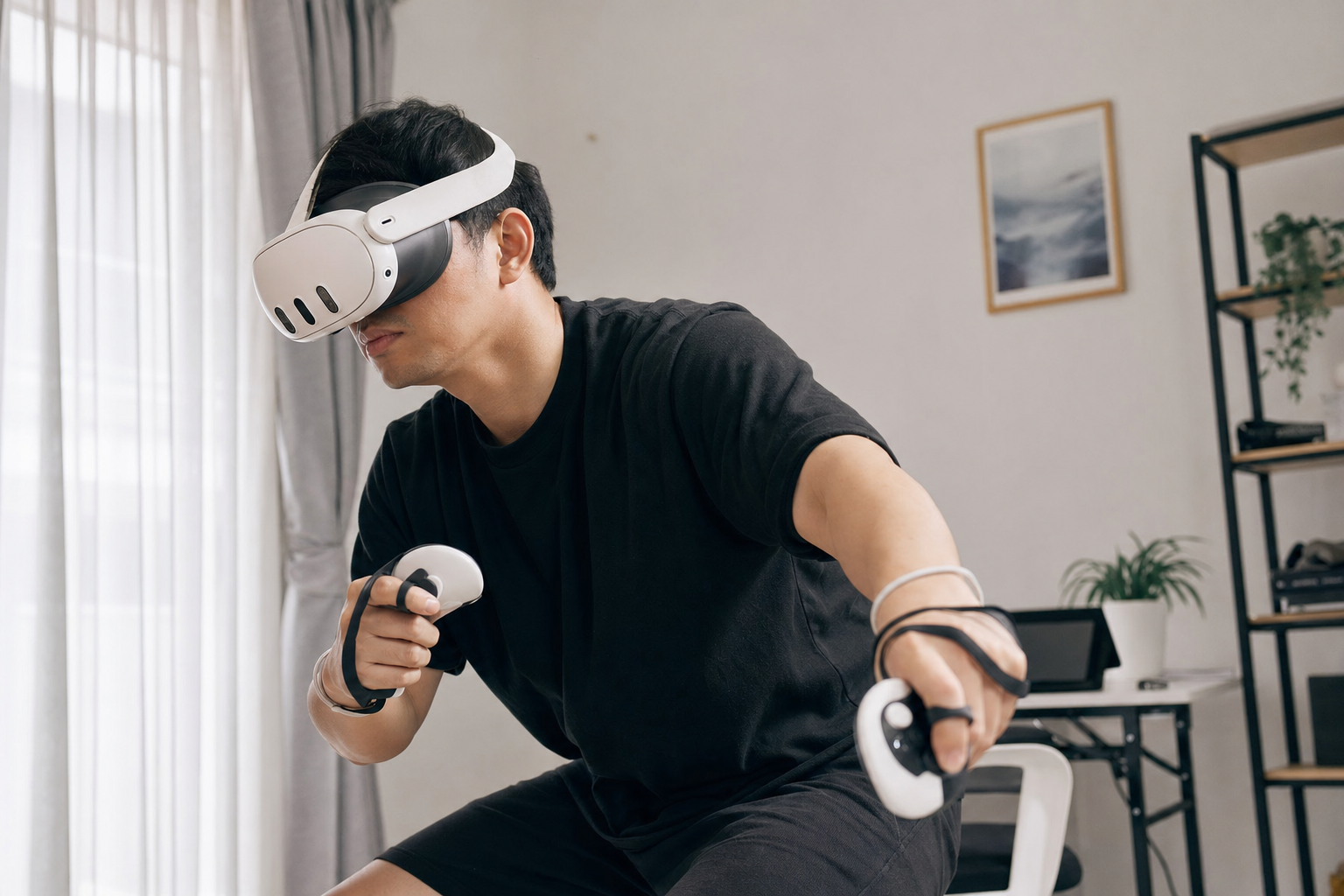 Beat Saber grips on Quest 3 controllers hitting each other in a small room.