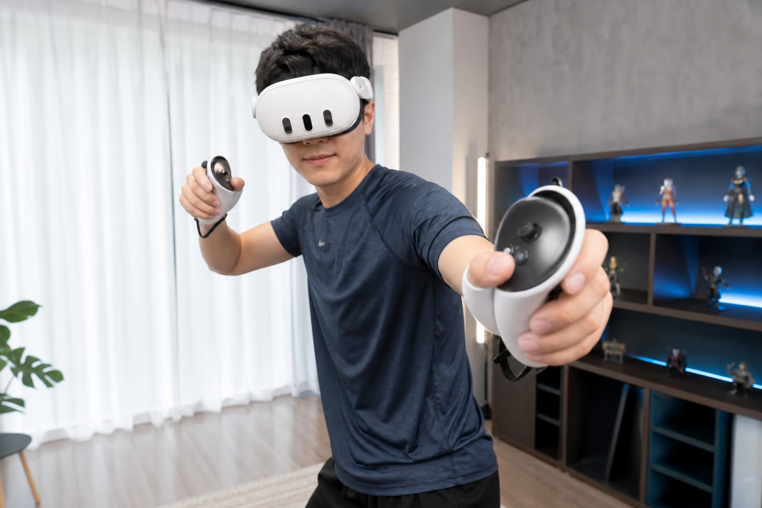 A player holding a Quest 3 controller with a Beat Saber grip, noticing the extended size.
