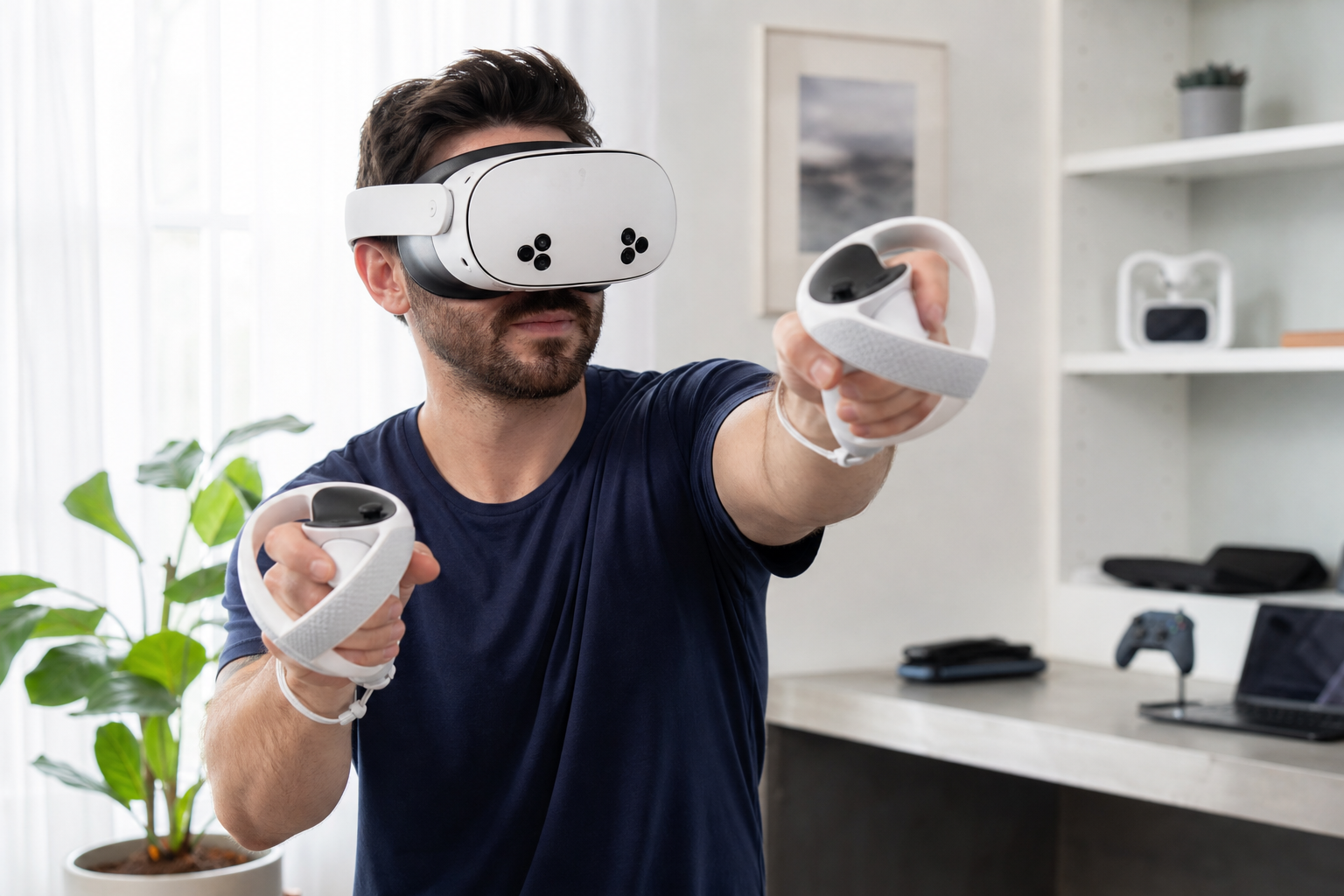 A player deciding between using Beat Saber grips or bare Quest 3 controllers.