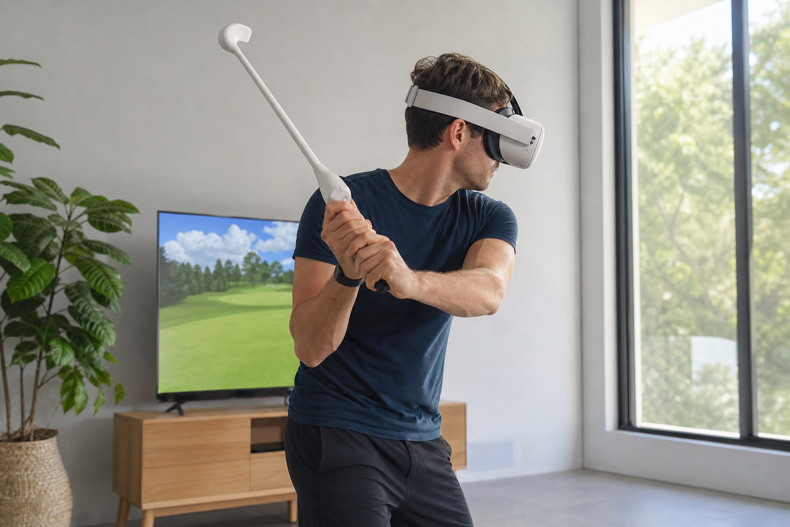 A VR golf club attachment holding a Meta Quest 3 controller