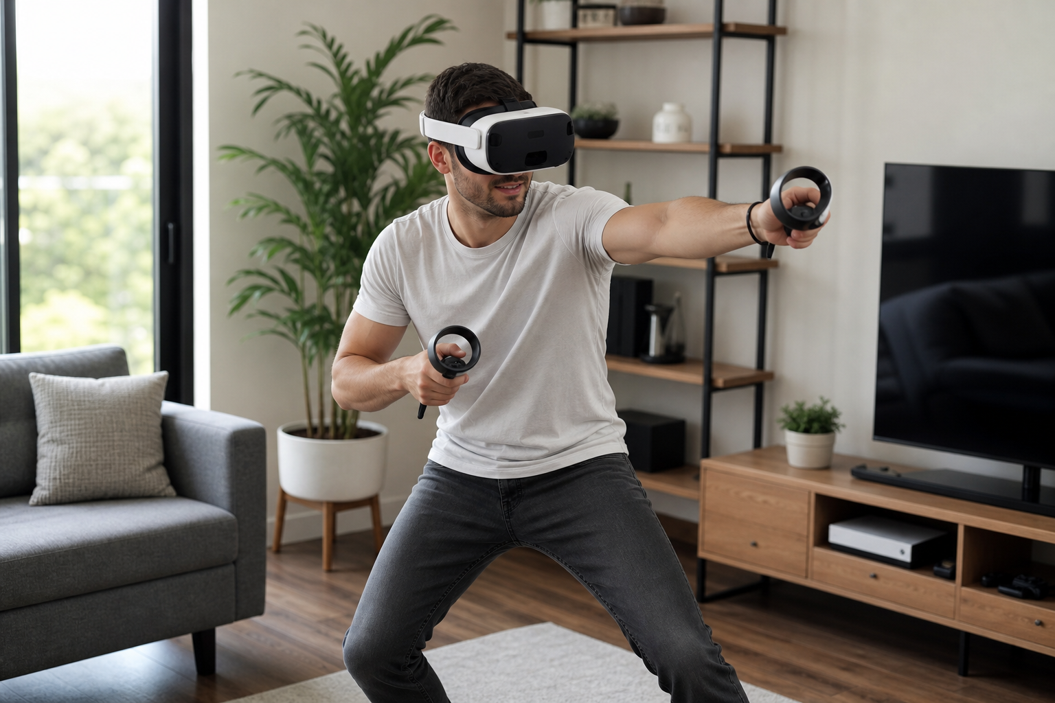 A person setting up a VR play space in a small apartment living room