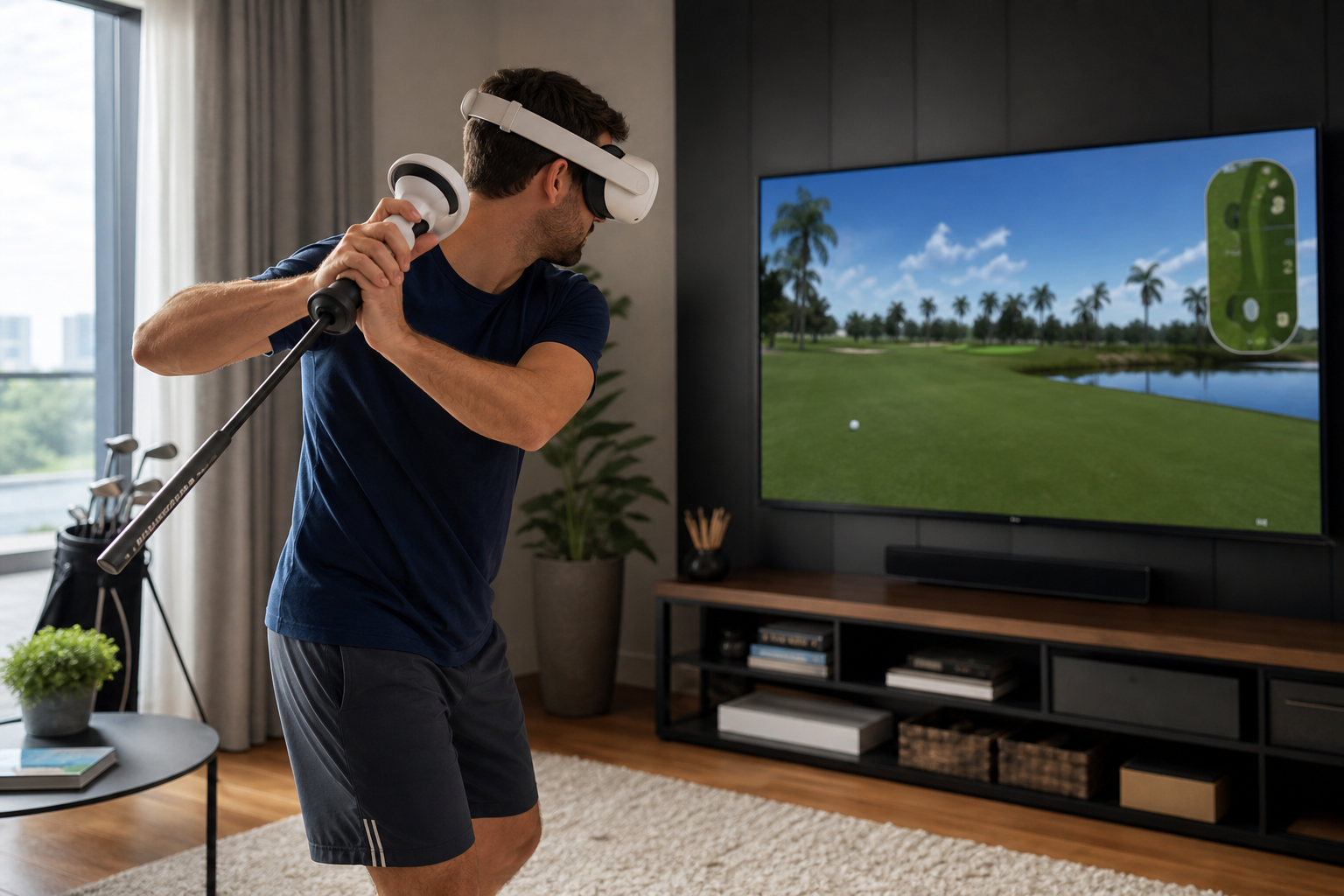 Two people swapping a VR golf club attachment between them