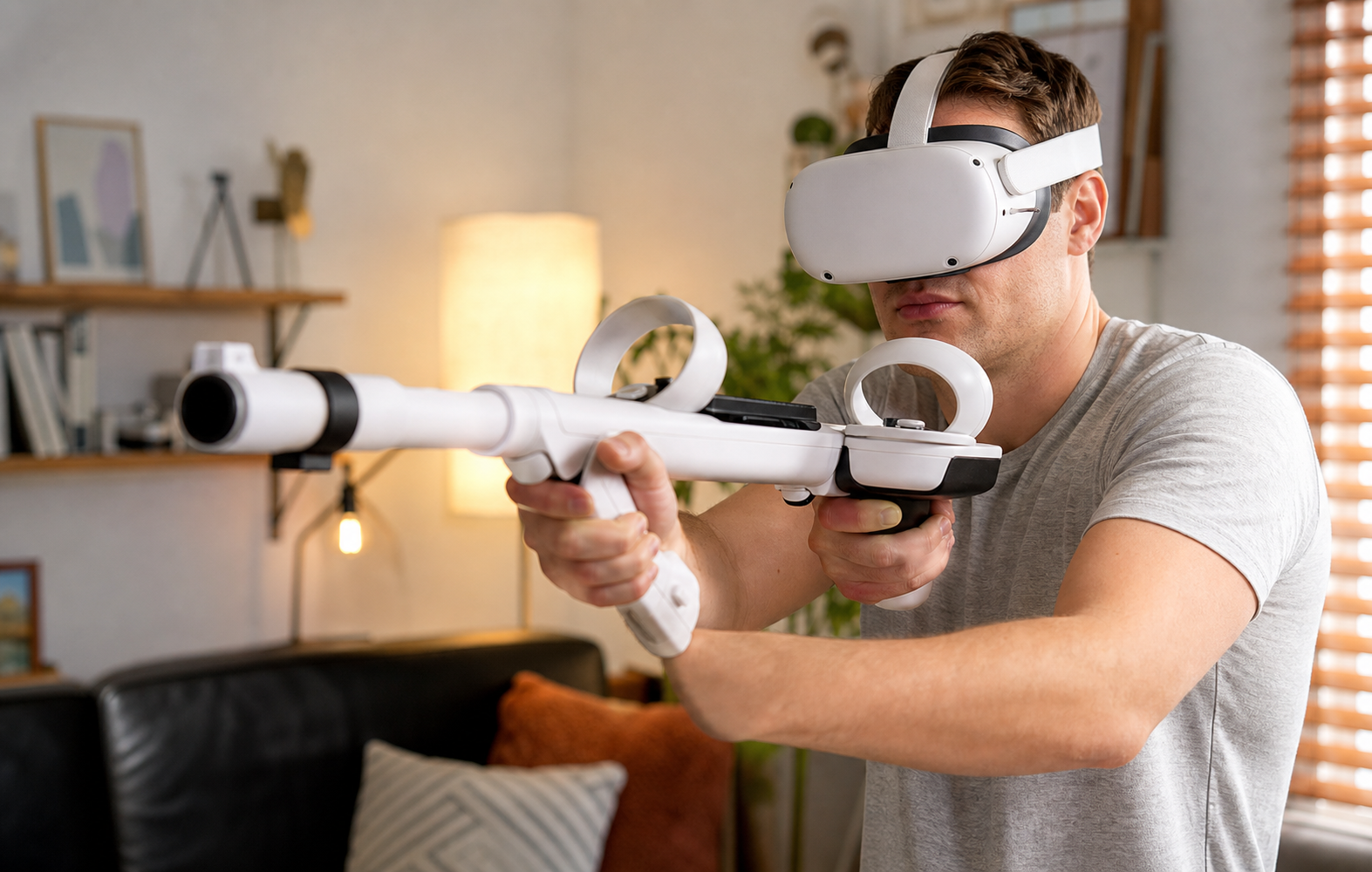 A person holding a VR gunstock controller accessory for the Meta Quest 2.