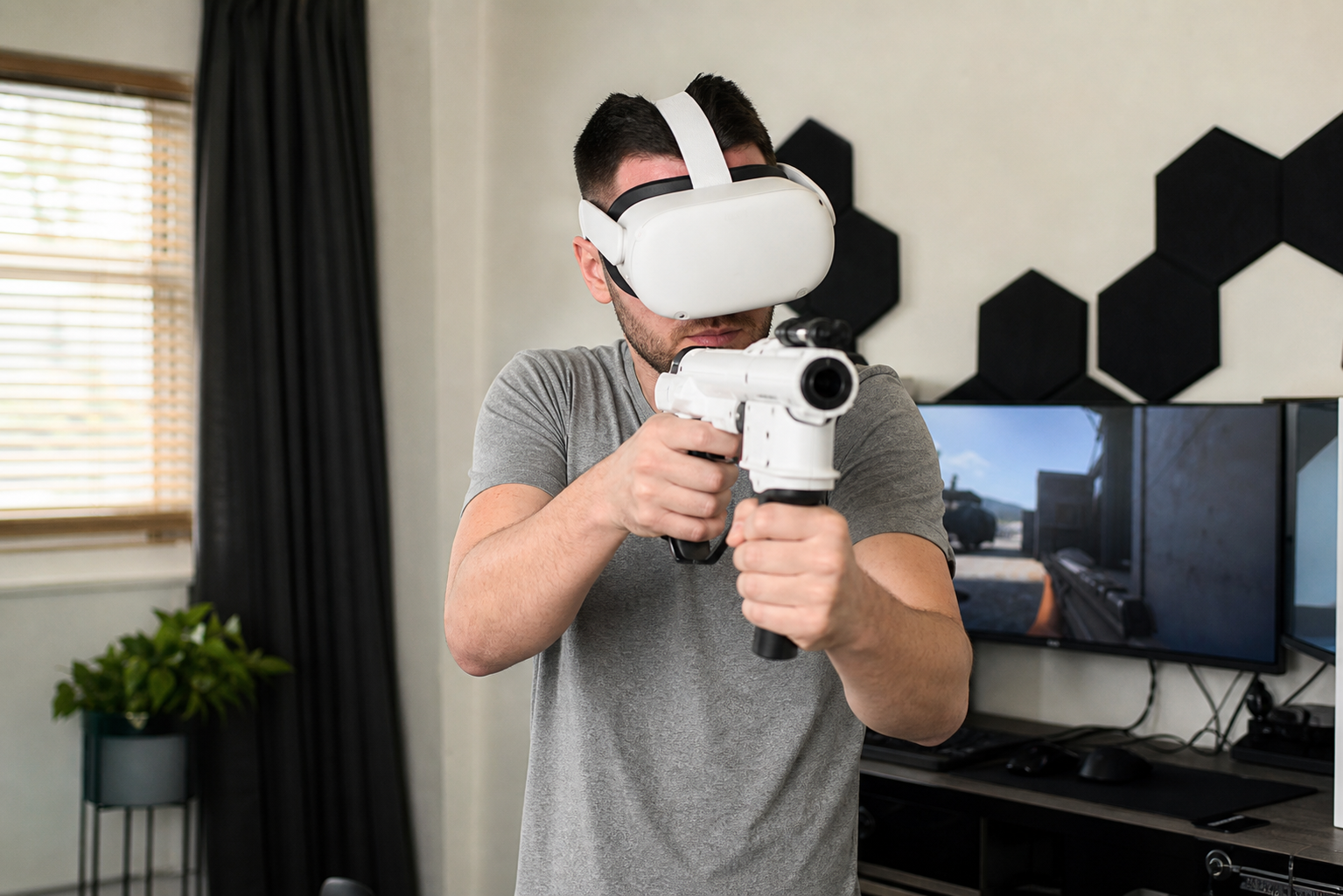 First-person view of a left-handed player aiming a rifle in a tactical VR shooter.