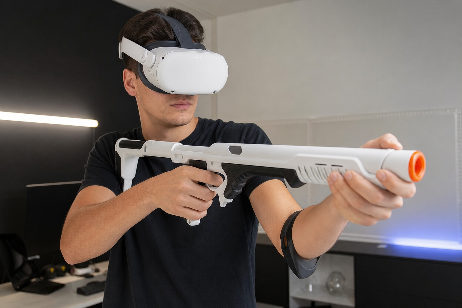 Close-up shot of Meta Quest 2 controllers mounted in a black VR gunstock.