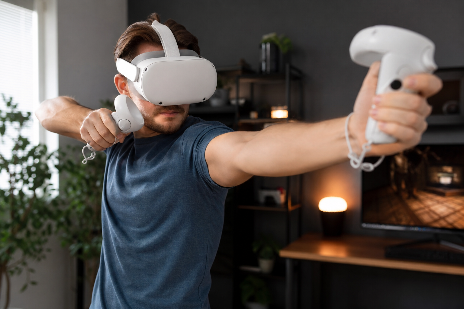 A VR player aiming a gunstock, showing the proximity of the stock to the headset.