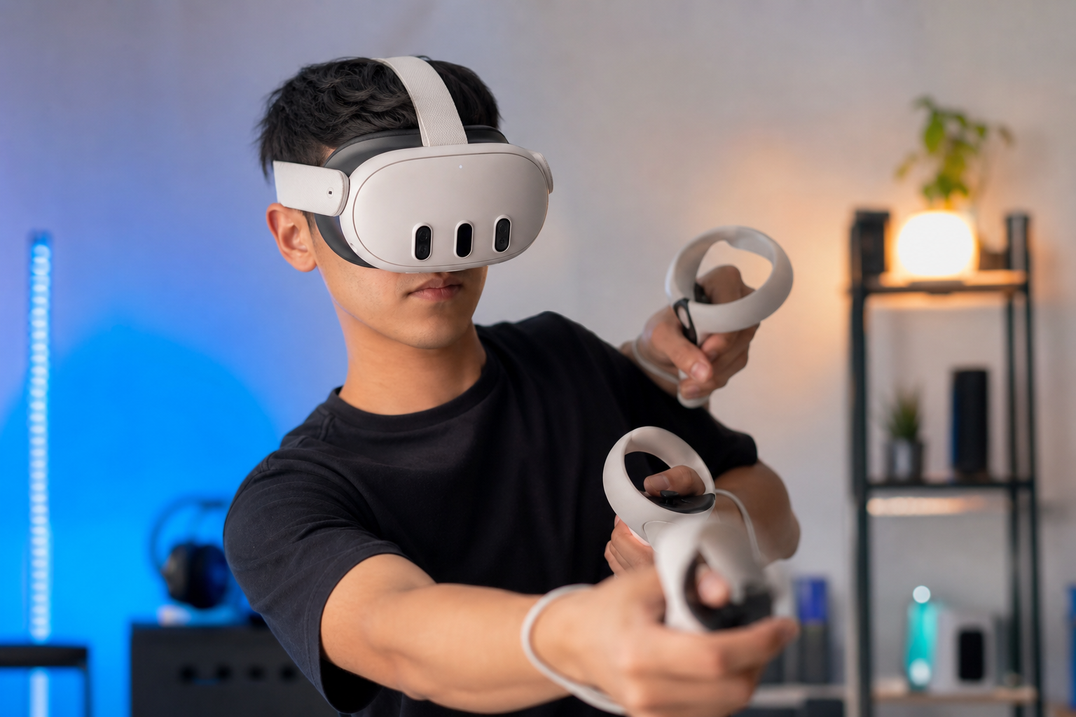 A person playing a VR shooter in a small room, highlighting the limited space.