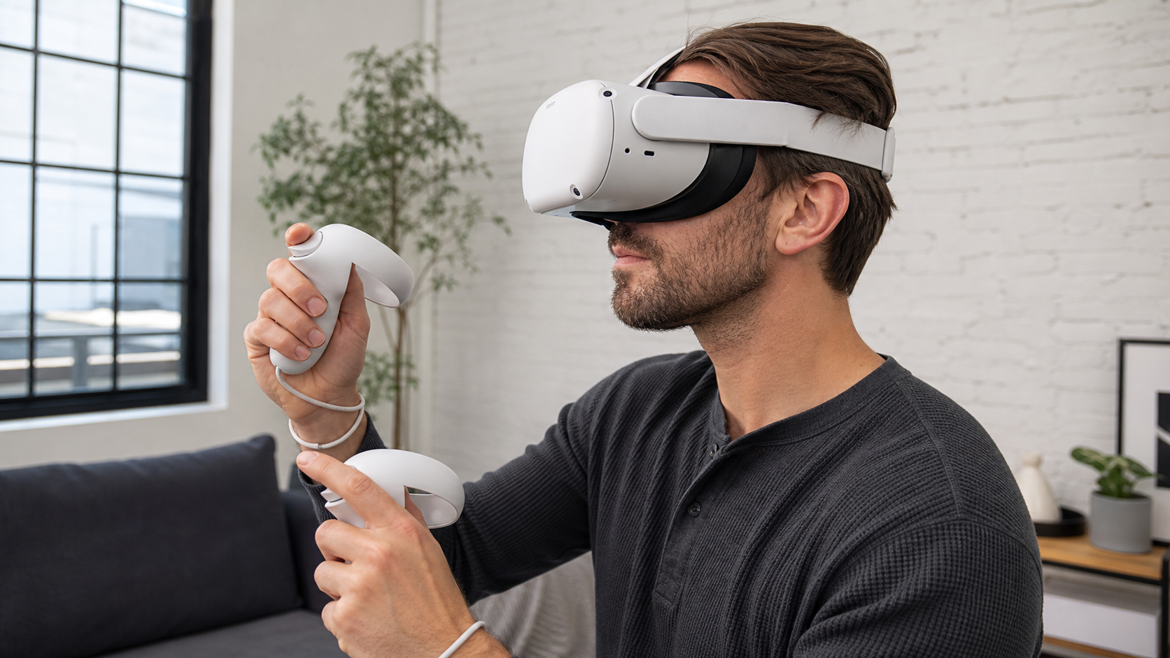 A person wearing a black VR sweat mask, ready to put on their Quest headset for a clean gaming session.